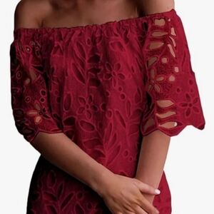 Chic Off-Shoulder Lace Blouse in Burgundy